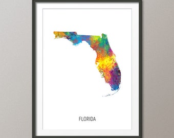 Florida Map, Watercolour Art Print Poster, Colour, Black White, Beige (31080)