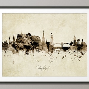 Horizonte de Edimburgo Escócia, pôster de arte de paisagem urbana vintage sépia (8959)