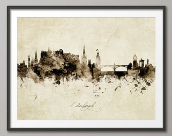 Edinburgh Skyline Scotland, Cityscape Art Print Poster Vintage Sepia (8959)