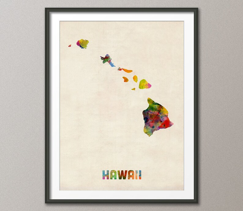 Hawaii Watercolor Map USA, Art Print 363 image 1