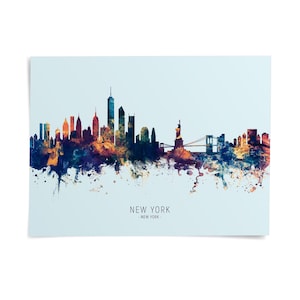 A colorful, abstract representation of the New York City skyline, with the city's iconic landmarks and buildings depicted in a watercolor-like style.