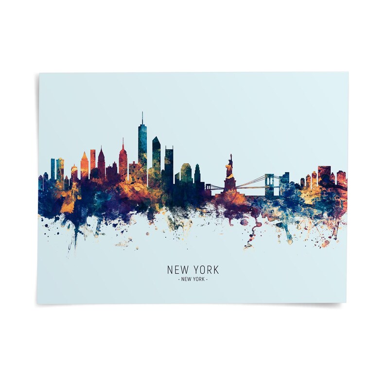 A colorful, abstract representation of the New York City skyline, with the city's iconic landmarks and buildings depicted in a watercolor-like style.