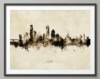 Austin Skyline Texas, Cityscape Art Print Poster Vintage Sepia (10677)