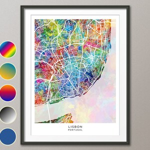 Carte de Lisbonne, carte de la ville du Portugal, affiche d'impression d'art à l'aquarelle (31260)
