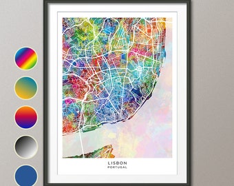 Lisbon Map, Portugal City Map, Watercolour Art Print Poster (31260)