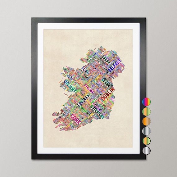 Ireland Typography Map, Eire City Names Text Map, Colour Options, Art Print Poster - (310)