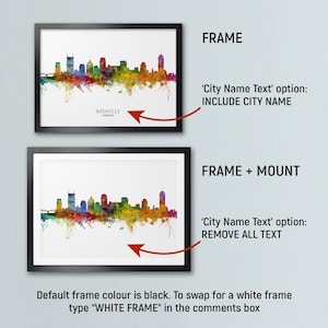 two framed cityscape artworks, each with different frame color options and city name text. The first frame has a black frame, and the second frame has a white frame. The text options for the frame color are "City Name Text" and "City Name Text" with the option to remove all text. The text options for the frame type are "FRAME + Mount" and "FRAME + Mount".