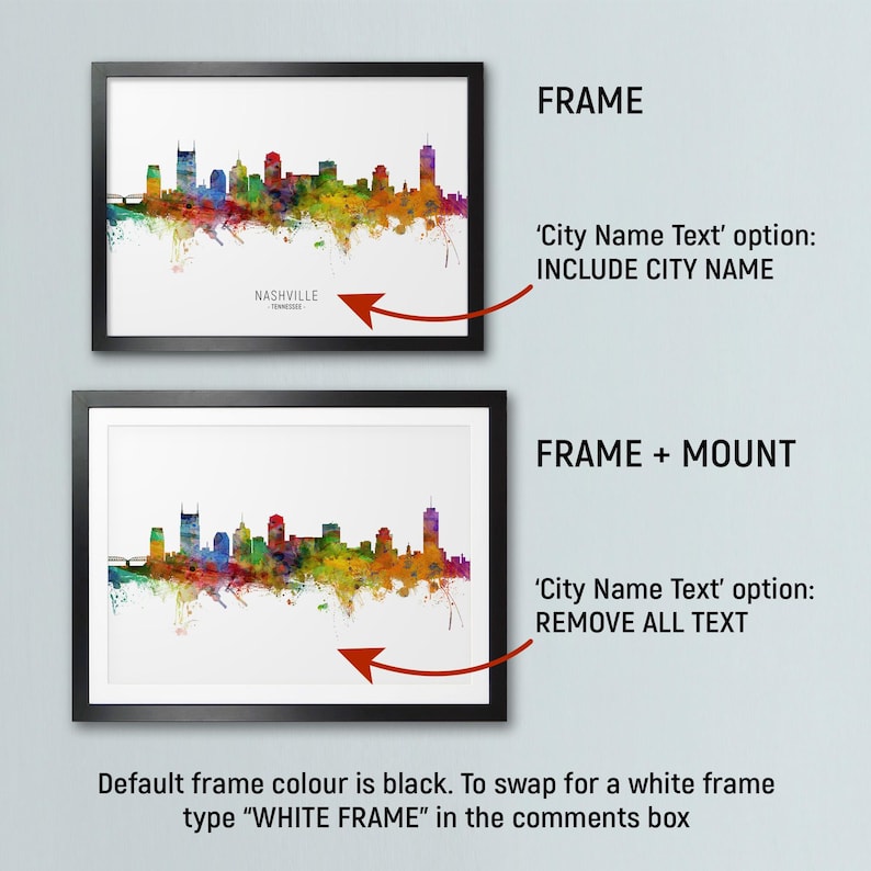 two framed cityscape artworks, each with different frame color options and city name text. The first frame has a black frame, and the second frame has a white frame. The text options for the frame color are "City Name Text" and "City Name Text" with the option to remove all text. The text options for the frame type are "FRAME + Mount" and "FRAME + Mount".