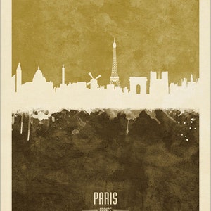 May include: A watercolor-style illustration of the Paris skyline in white against a brown background. The Eiffel Tower is the most prominent feature, with other landmarks like the Arc de Triomphe and Notre Dame Cathedral visible. The text "PARIS - FRANCE" is at the bottom of the image.