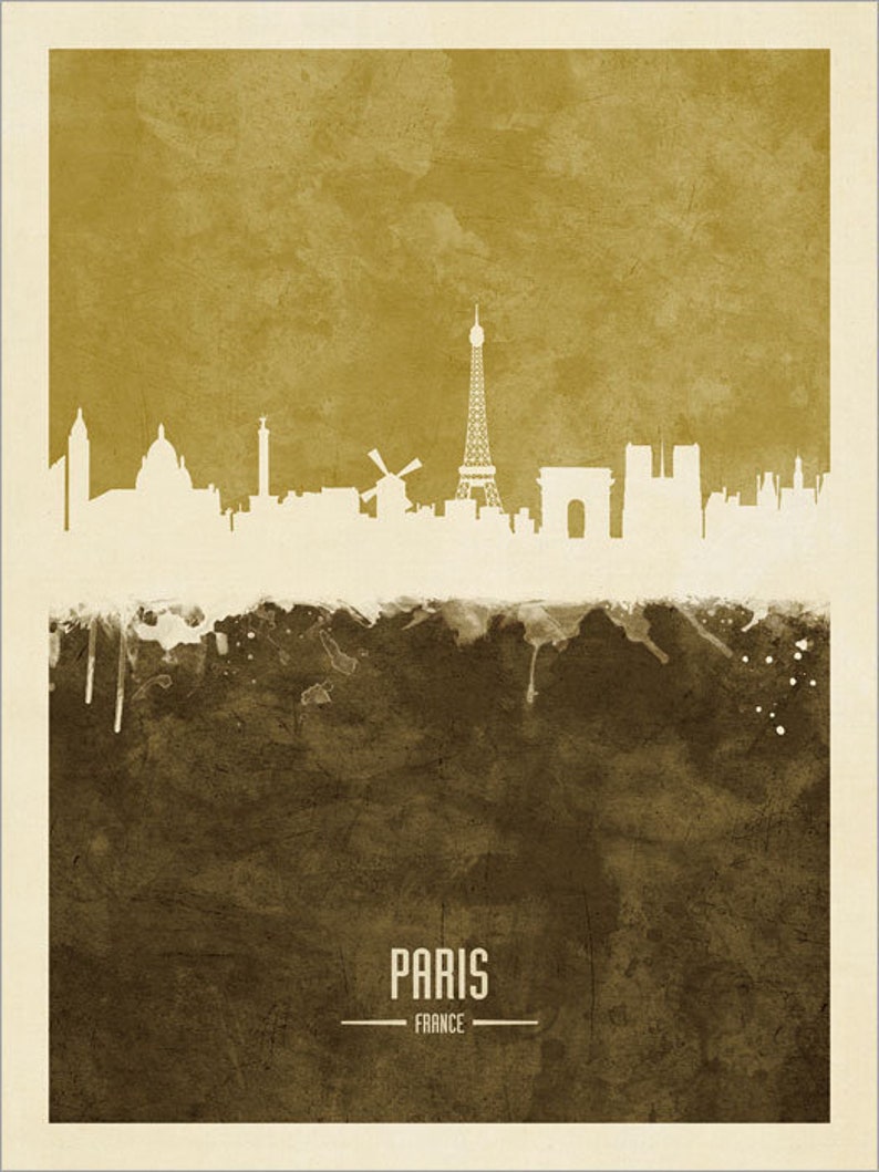 May include: A watercolor-style illustration of the Paris skyline in white against a brown background. The Eiffel Tower is the most prominent feature, with other landmarks like the Arc de Triomphe and Notre Dame Cathedral visible. The text "PARIS - FRANCE" is at the bottom of the image.