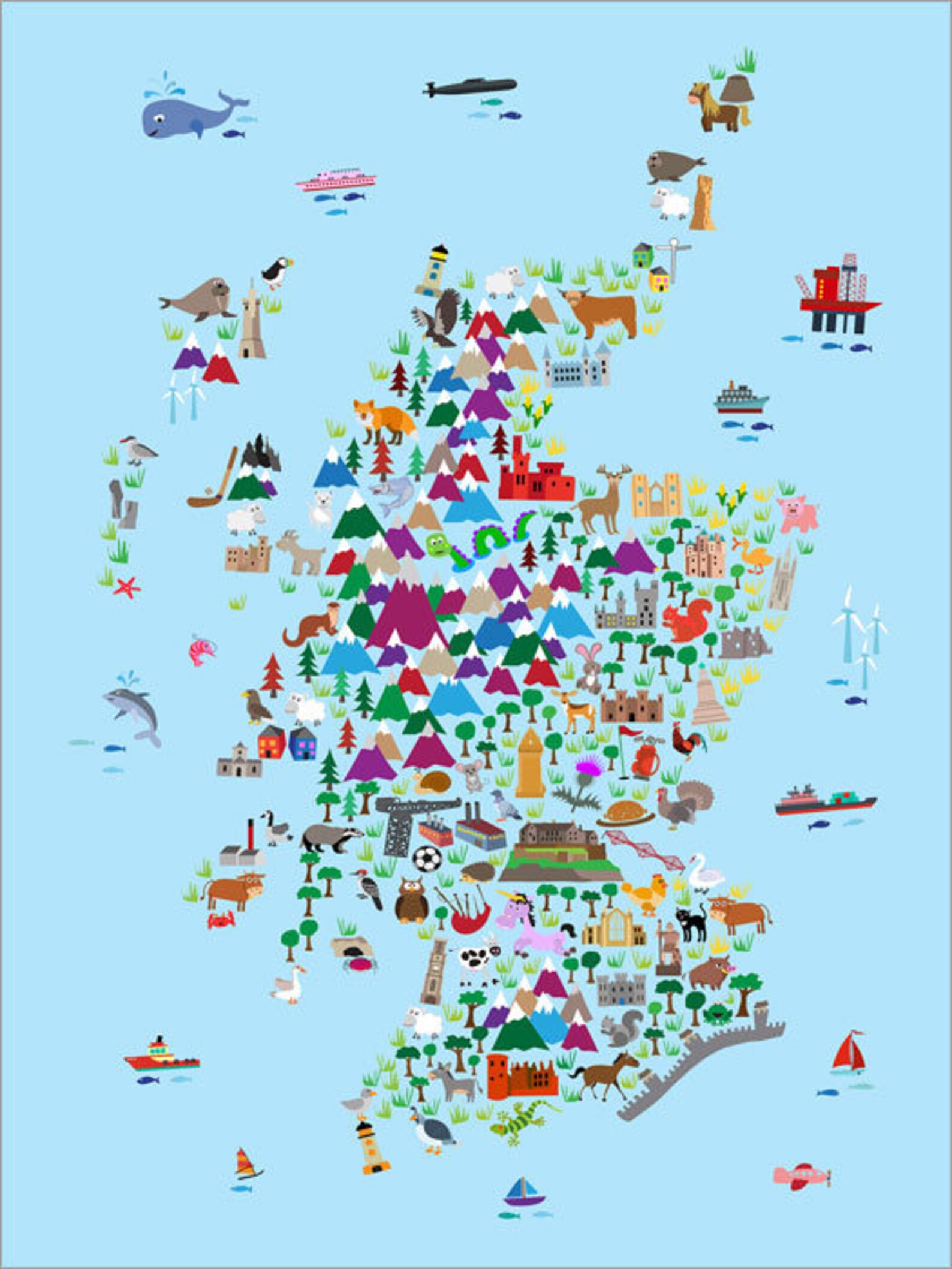 Scotland Animal Map for Children and Kids, Scotland Map, Art Print 2850