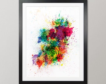 Ireland Map, Abstract Paint Splashes Art Print Poster, Portrait - SP (514)