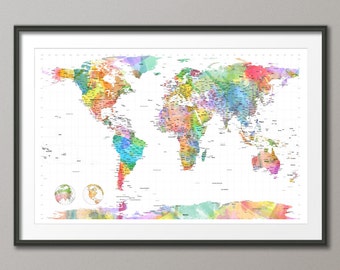 Watercolour Political Map of the World Map, Art Print Poster, 24x36 inch LM (472)