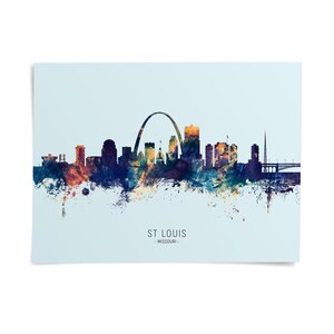 the skyline of St. Louis, Missouri, with the iconic Gateway Arch and other notable structures in the background.