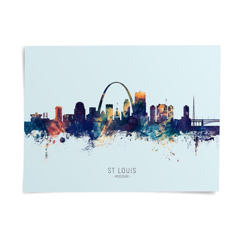 the skyline of St. Louis, Missouri, with the iconic Gateway Arch and other notable structures in the background.