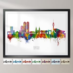 May include: A watercolor cityscape of Daegu, South Korea, with colorful splashes of paint. The skyline features tall buildings, a church, and a tower. The city name is written below the skyline.