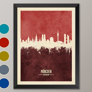 Munich Skyline, München Cityscape Germany, Watercolor Art Print Poster (4159)