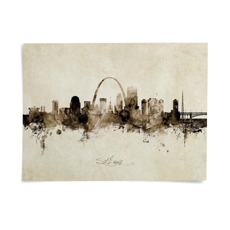 a city skyline, featuring a large arch structure and various other buildings.
