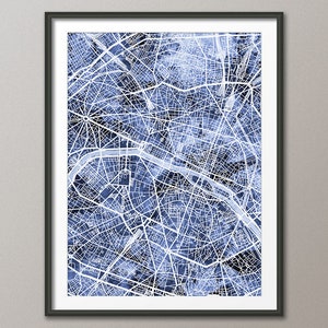 Paris Map, Paris France City Map, Art Print Blue (4579)