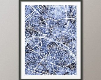 Paris Map, Paris France City Map, Art Print Blue (4579)