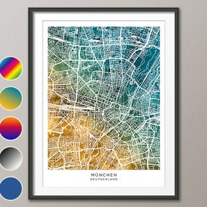 München kaart, Duitsland stadskaart, aquarel Art Print Poster (31247)
