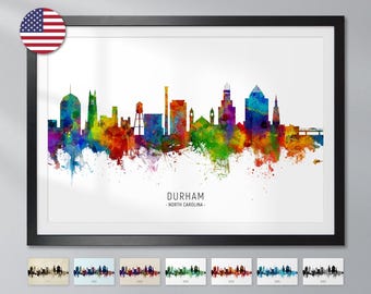Póster con impresión artística del horizonte de Durham, Carolina del Norte, paisaje urbano - YX (6603)
