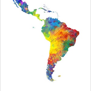 Latin America Map, Watercolour Art Print Poster, Colour, Black White, Beige 10980 Colour