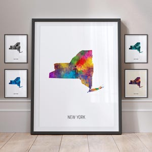 Carte de New York, impression d'art à l'aquarelle de l'État des États-Unis, affiche MX (30997)
