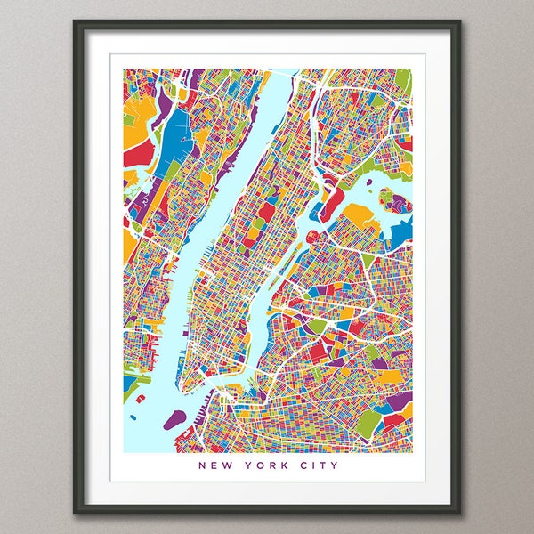 May include: A colourful map of New York City with a light blue background. The map shows the different neighbourhoods and boroughs of the city. The map is framed in a black frame.