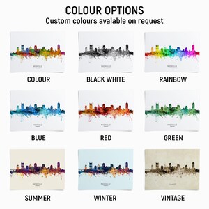 a collage of nine different color options for the Nashville skyline, each with a unique color scheme. The options include custom colors available on request, black white, rainbow, blue, red, green, summer, winter, and vintage.