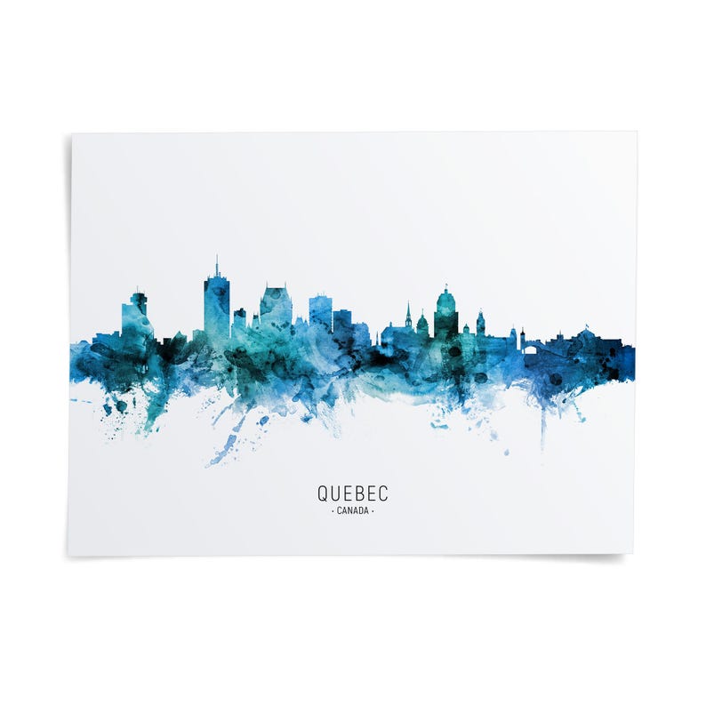 the skyline of Quebec, Canada, with a watercolor-style illustration of the city's buildings and landmarks.