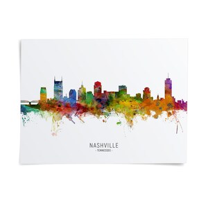 A colorful watercolor-style illustration of the Nashville skyline, with the text "NASHVILLE - TENNESSEE" prominently displayed.