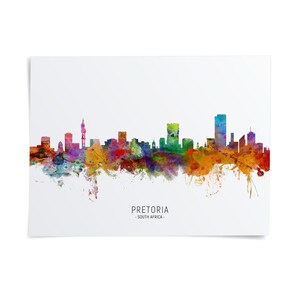 The image is a colorful watercolor painting depicting the skyline of Pretoria, South Africa.