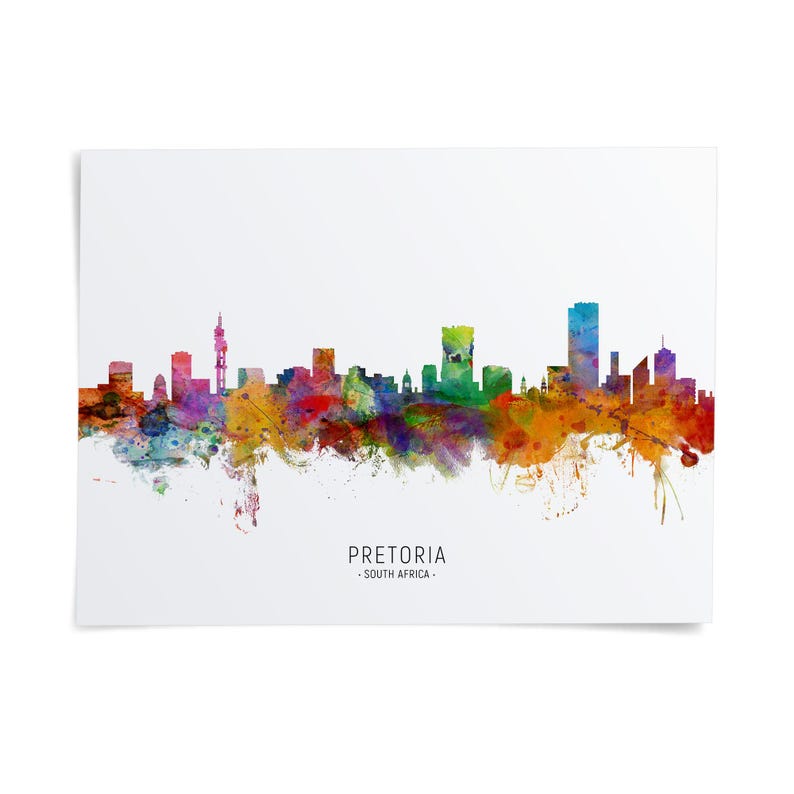 The image is a colorful watercolor painting depicting the skyline of Pretoria, South Africa.