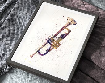 Trumpet Music Instrument, Abstract Watercolor - Art Print Poster