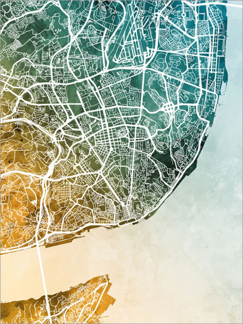 May include: A detailed map of Lisbon, Portugal, with white lines outlining the streets and roads. The map is overlaid on a watercolor background with shades of green, blue, and yellow.