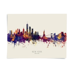 The image is a colorful, watercolor-style illustration of the New York City skyline, featuring the iconic Statue of Liberty and other prominent skyscrapers.