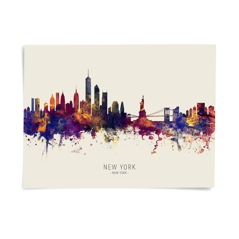 The image is a colorful, watercolor-style illustration of the New York City skyline, featuring the iconic Statue of Liberty and other prominent skyscrapers.
