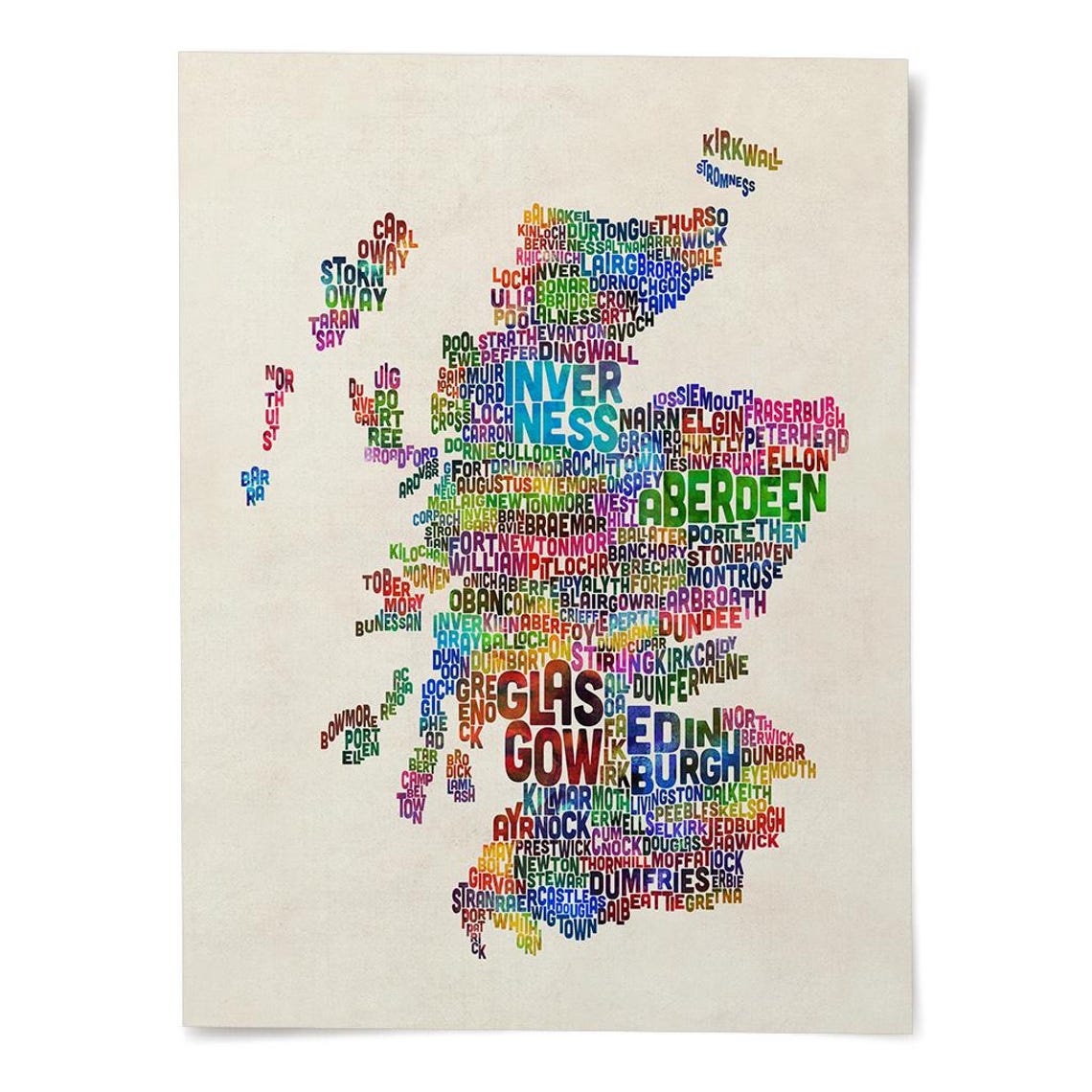 Scotland Names Lettering Scotland Typography Map, City and Town Names, Text Art Print Poster ...