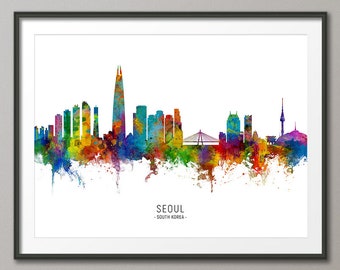 Seoul Skyline South Korea, Cityscape Painting Art Print Poster CX (6601)