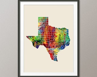 Texas Map, Map of Texas United States, Art Print (2345)