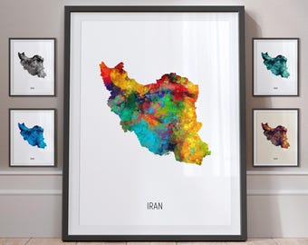 Iran Map, Watercolour Painting Art Print Poster, Portrait - MX (10852)