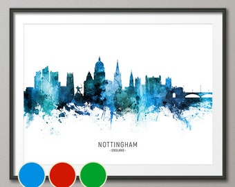 Nottingham Skyline England, Cityscape Art Poster Print Blue Red Green (20879)