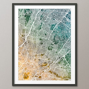 Athen Landkarte, Griechenland Stadtplan, Aquarell Kunstdruck Poster Petrol Gold (6351)