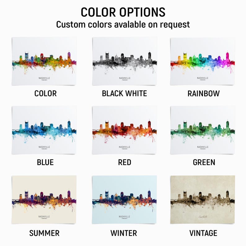 Color options for the Nashville skyline, including custom colors available on request.