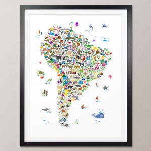 Poster Tierkarte von Südamerika, Landkarte für Kinder und Kids, Art Print Poster (4276)