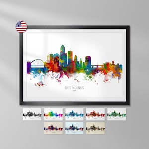 Des Moines Skyline Iowa, Cityscape Art Print Poster YX (6619)