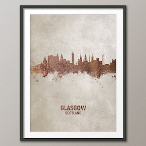 Glasgow Skyline Scotland, Rust on Concrete Cityscape Art Print Poster (4595)