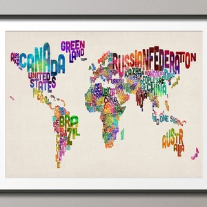 Typographic Text Map of the World Map, Art Print 889 image 1