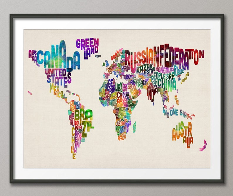 Typographic Text Map of the World Map, Art Print 889 image 1